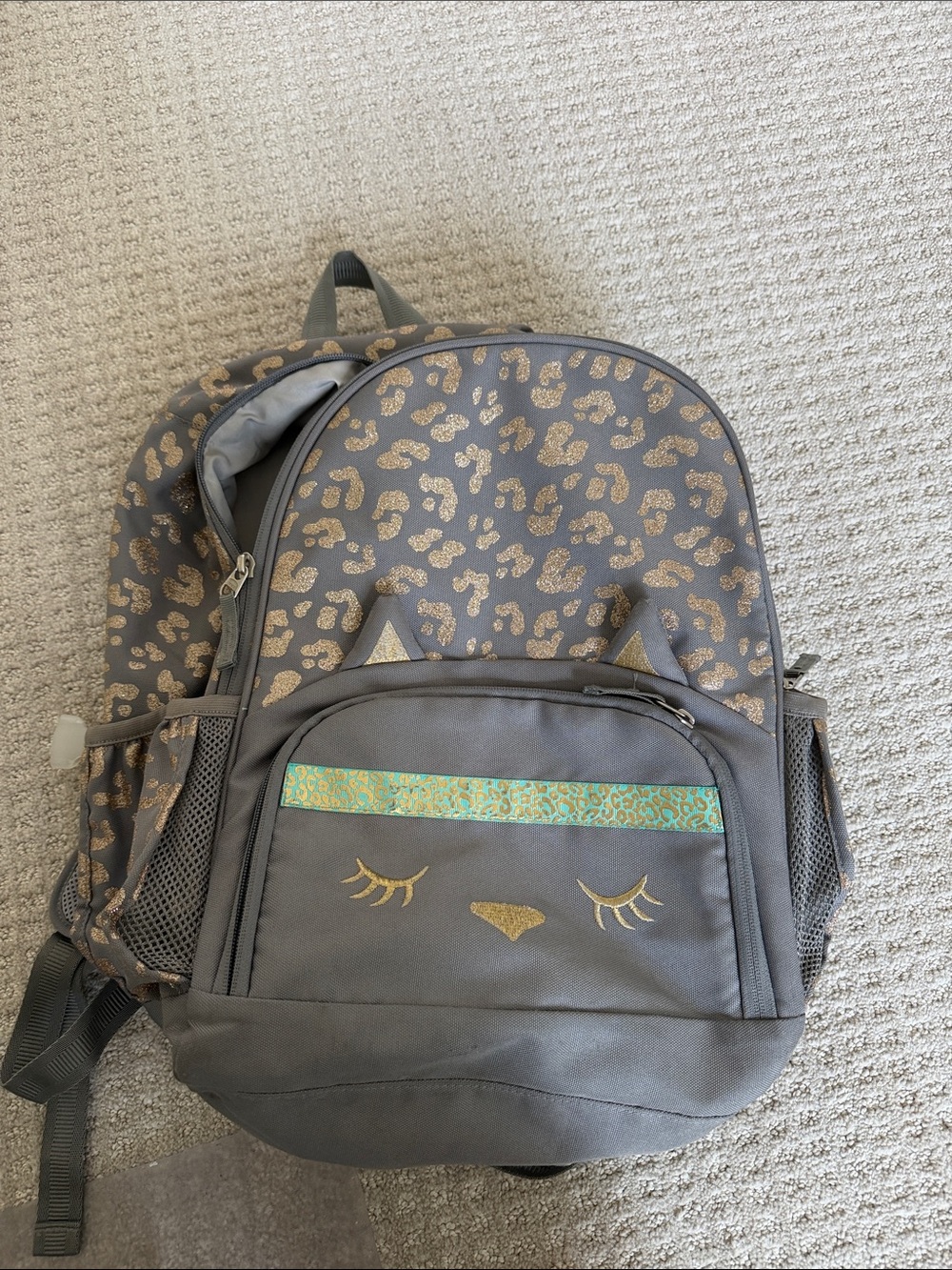 Pottery Barn Kids Gray Girls' Leopard Print Cat Backpack with Gold Accents XL